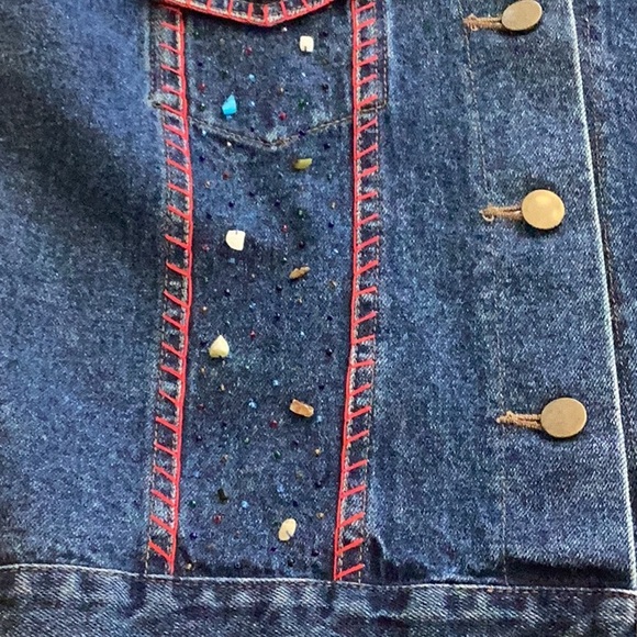 Cejon Jeans Jacket sz M Sleeveless Embellished Denim Vest Red Stitching EUC cute - Picture 7 of 17